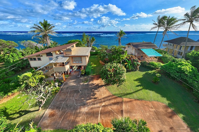 drone / aerial view featuring a water view