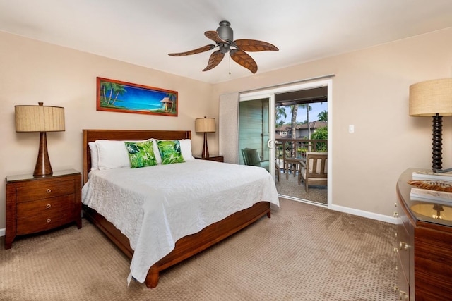 bedroom featuring baseboards, carpet floors, access to exterior, and a ceiling fan