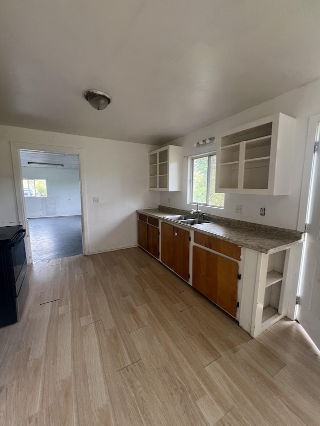 kitchen with open shelves, light wood finished floors, and a sink