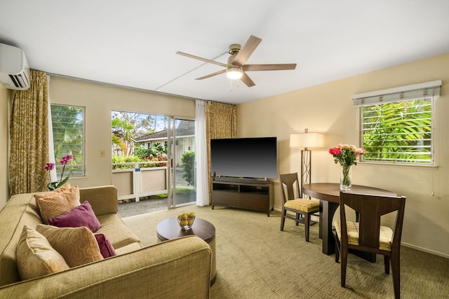 carpeted living area featuring a healthy amount of sunlight, ceiling fan, and a wall unit AC