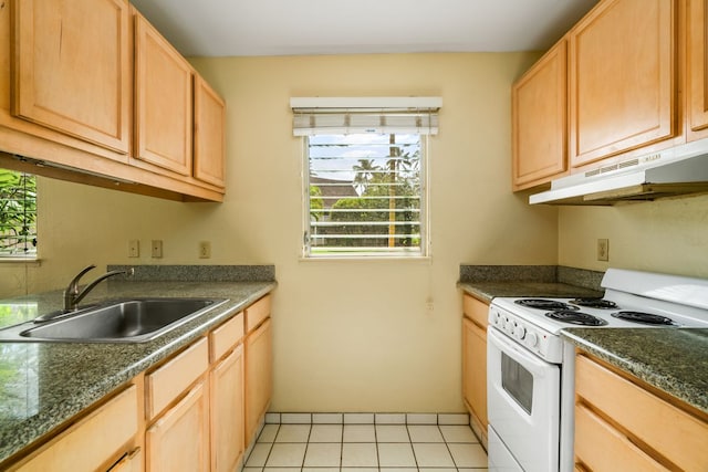 kitchen with under cabinet range hood, dark countertops, a sink, and electric stove