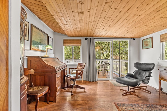 interior space with wooden ceiling and wood finished floors