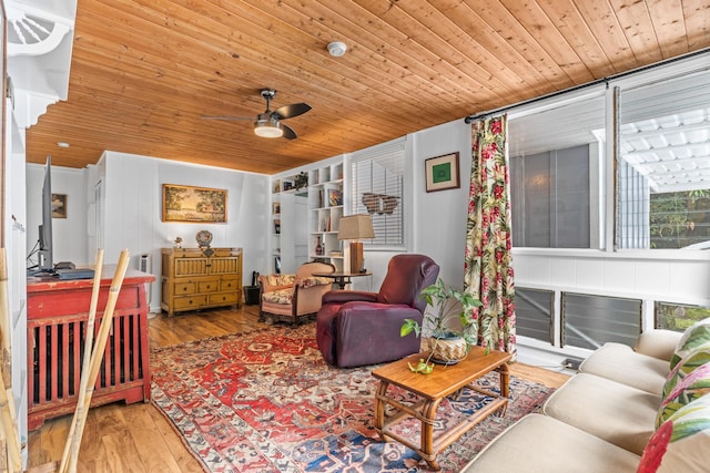 living area featuring wooden ceiling, ceiling fan, and wood finished floors