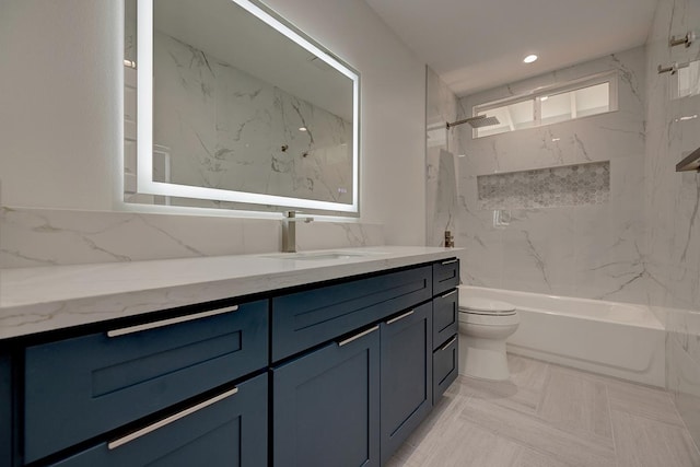 full bath with vanity, toilet, bathtub / shower combination, and recessed lighting