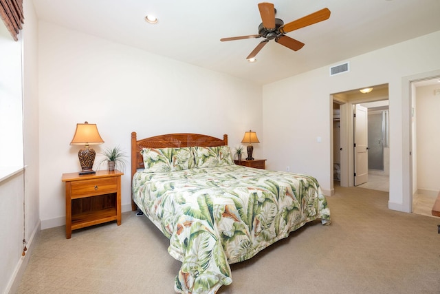 bedroom featuring recessed lighting, visible vents, carpet floors, and baseboards