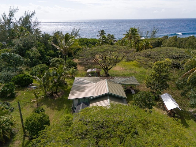 drone / aerial view with a water view