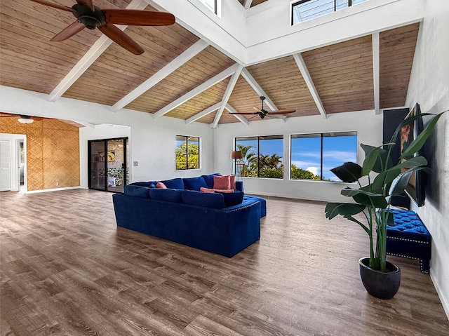 87-2814 Hawaii Belt Rd, Captain Cook, HI 96704 - living area with a ceiling fan, high vaulted ceiling, wood finished floors, baseboards, and wood ceiling with exposed beams