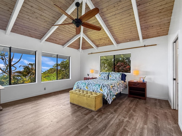 87-2814 Hawaii Belt Rd, Captain Cook, HI 96704 - bedroom featuring wood finished floors, baseboards, wood ceiling with exposed beams, ceiling fan, and high vaulted ceiling