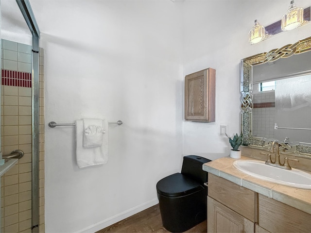 87-2814 Hawaii Belt Rd, Captain Cook, HI 96704 - full bathroom with toilet, vanity, tiled shower, wood finished floors, and baseboards