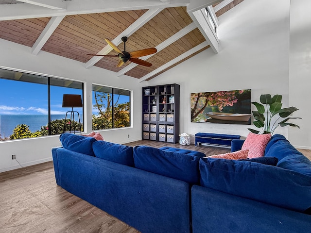 87-2814 Hawaii Belt Rd, Captain Cook, HI 96704 - living room with wood finished floors, wooden ceiling with exposed beams, baseboards, a ceiling fan, and high vaulted ceiling