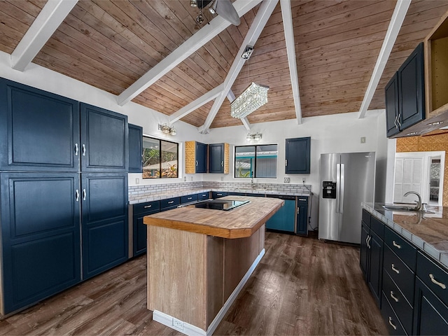 87-2814 Hawaii Belt Rd, Captain Cook, HI 96704 - kitchen featuring stainless steel fridge with ice dispenser, blue cabinets, butcher block counters, a sink, and wooden ceiling with exposed beams