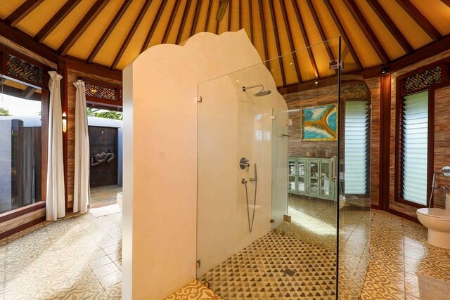 bathroom with toilet, vaulted ceiling, and walk in shower