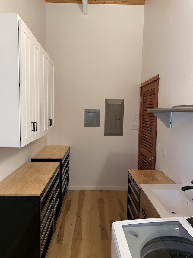 4631 Kahiliholo Rd, Kilauea, HI 96754 - clothes washing area featuring electric panel, light wood-style flooring, washer / clothes dryer, and a sink