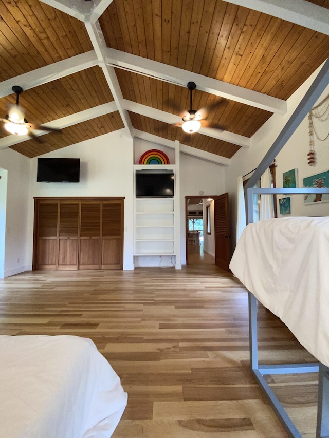 4631 Kahiliholo Rd, Kilauea, HI 96754 - bedroom with wooden ceiling, lofted ceiling with beams, ceiling fan, and wood finished floors