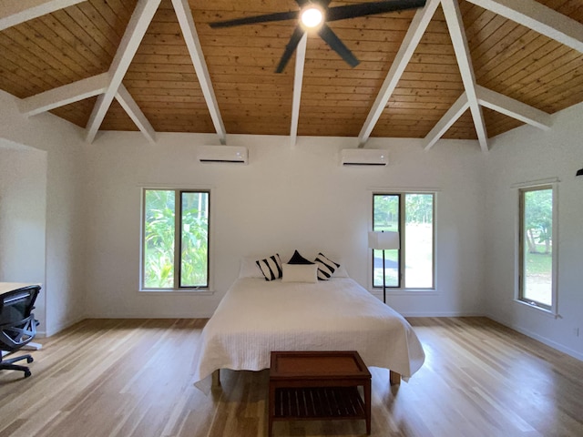 4631 Kahiliholo Rd, Kilauea, HI 96754 - bedroom with wooden ceiling, wood finished floors, and a wall mounted air conditioner