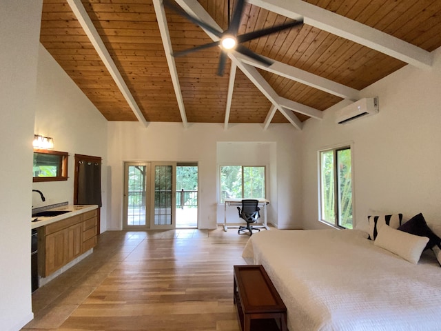 4631 Kahiliholo Rd, Kilauea, HI 96754 - unfurnished bedroom with beam ceiling, high vaulted ceiling, an AC wall unit, a sink, and wood ceiling