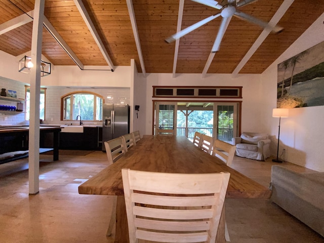 4631 Kahiliholo Rd, Kilauea, HI 96754 - unfurnished dining area featuring beamed ceiling, high vaulted ceiling, wooden ceiling, and a ceiling fan