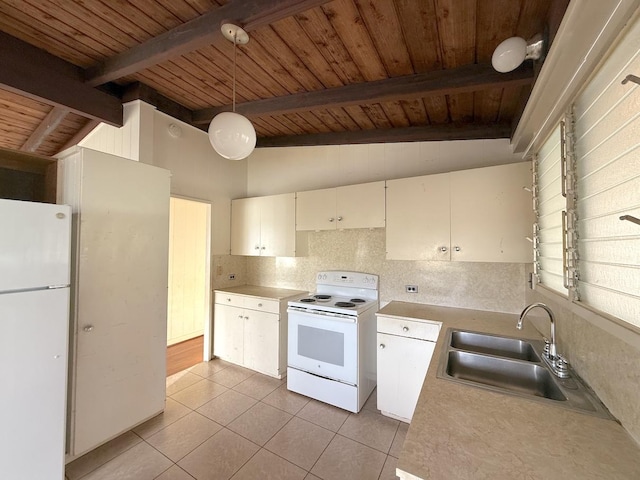 3172 Uluhui St, Lihue, HI 96766 - kitchen with white appliances, wood ceiling, a sink, light tile patterned floors, and decorative backsplash