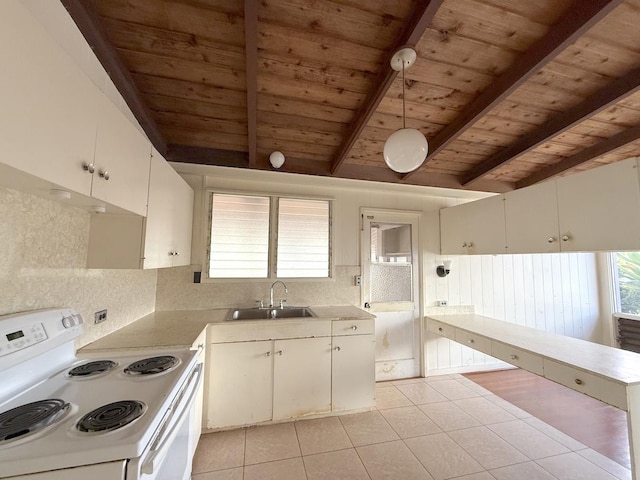 3172 Uluhui St, Lihue, HI 96766 - kitchen with electric stove, wooden ceiling, a sink, tasteful backsplash, and beamed ceiling