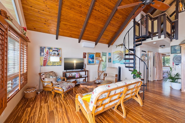 living area featuring wooden ceiling, wood finished floors, beamed ceiling, a wall mounted air conditioner, and stairway