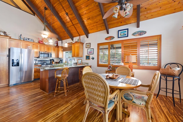 dining space featuring wood ceiling, ceiling fan, a healthy amount of sunlight, beam ceiling, and dark wood finished floors