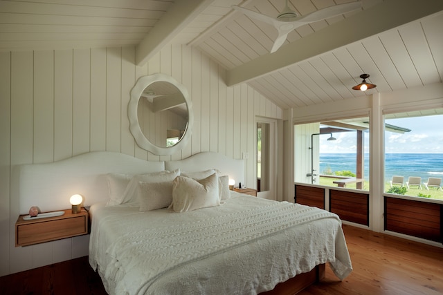 5-8192 Kuhio Hwy, Hanalei, HI 96714 - bedroom featuring wood finished floors, wooden ceiling, a water view, and wooden walls