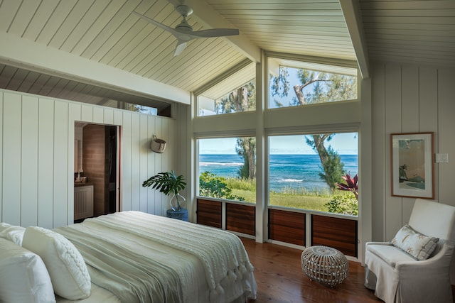 5-8192 Kuhio Hwy, Hanalei, HI 96714 - bedroom with a water view, wood finished floors, wooden ceiling, and wood walls