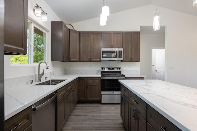 kitchen with vaulted ceiling, a sink, appliances with stainless steel finishes, and dark wood-type flooring