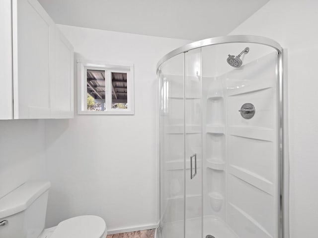 bathroom featuring toilet and a shower stall