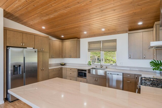 kitchen featuring appliances with stainless steel finishes, a sink, wooden ceiling, and recessed lighting
