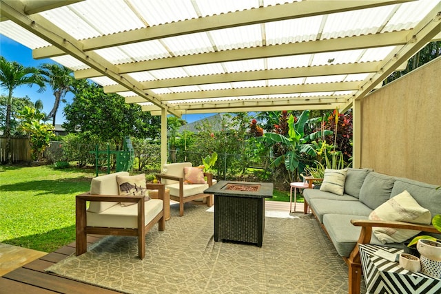 view of patio with a fenced backyard, an outdoor living space with a fire pit, and a pergola