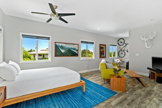 bedroom featuring multiple windows, wood finished floors, baseboards, and a ceiling fan