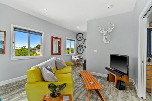 living room featuring recessed lighting, baseboards, and wood finished floors