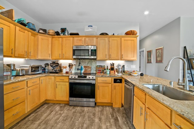 kitchen with a sink, appliances with stainless steel finishes, light stone countertops, and light wood finished floors