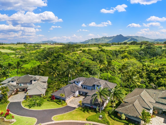 birds eye view of property featuring a wooded view and a mountain view