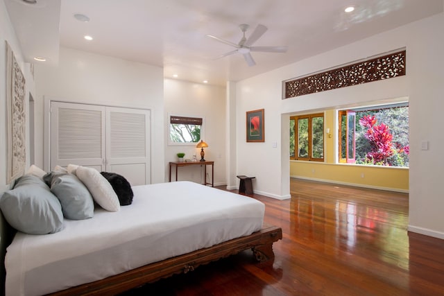 44-2325 Middle Rd, Honokaa, HI 96727 - bedroom with ceiling fan, a closet, recessed lighting, wood finished floors, and baseboards