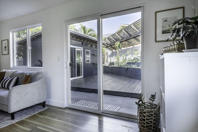 doorway featuring baseboards and wood finished floors