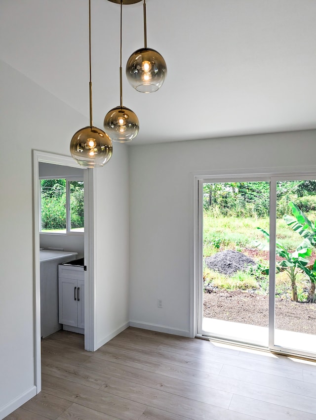 spare room featuring healthy amount of natural light, light wood finished floors, and baseboards