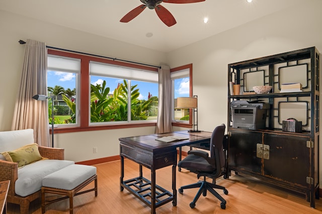 home office featuring ceiling fan, wood finished floors, recessed lighting, and baseboards