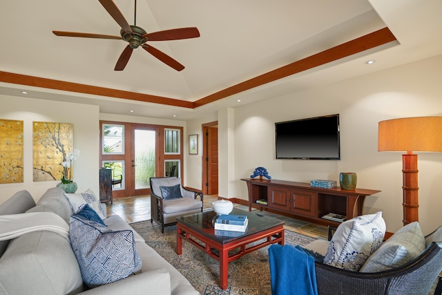 living area featuring recessed lighting, ceiling fan, and lofted ceiling