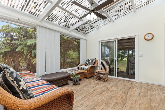 32-520 Piha Kahuku Rd, Ninole, HI 96773 - sunroom featuring a ceiling fan, wood-type flooring, lofted ceiling, a deck, and plenty of natural light
