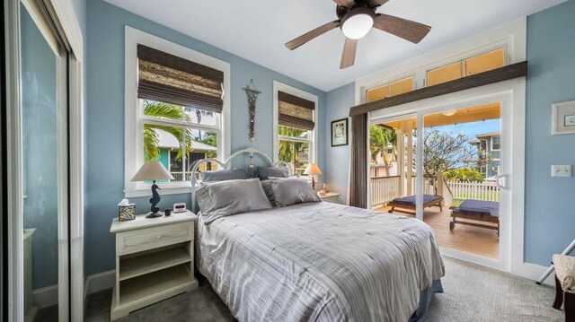 bedroom featuring access to exterior and ceiling fan