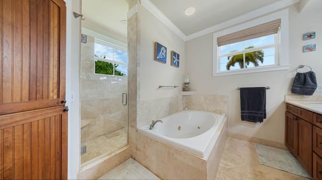 bathroom featuring crown molding, a shower stall, vanity, tile patterned flooring, and a whirlpool tub