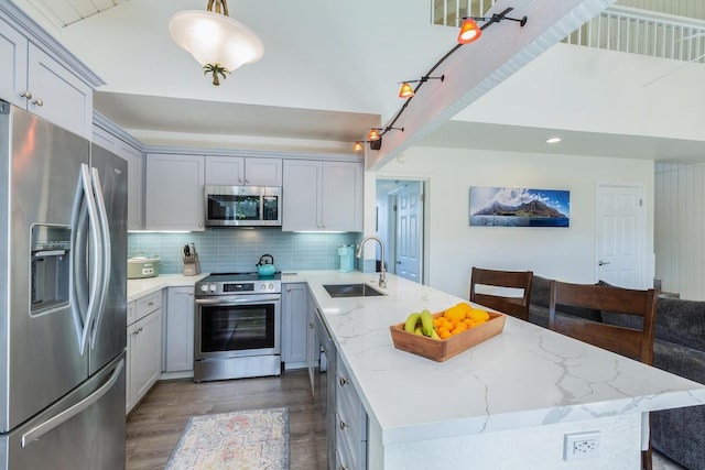 kitchen featuring a peninsula, wood finished floors, a sink, stainless steel appliances, and decorative backsplash