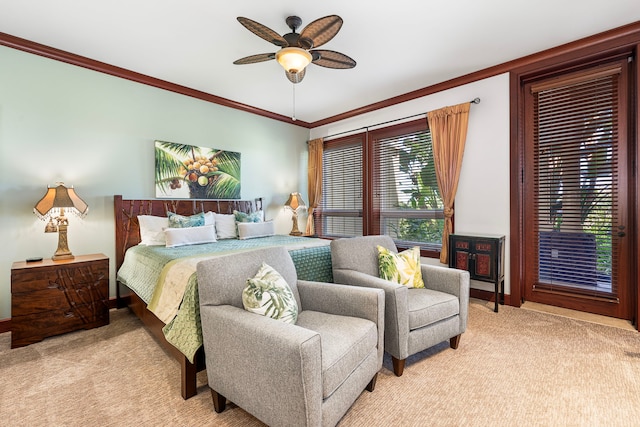 bedroom featuring baseboards, a ceiling fan, light carpet, and crown molding