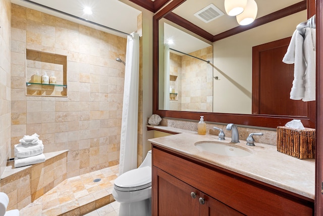 full bathroom with a shower stall, visible vents, toilet, ornamental molding, and vanity