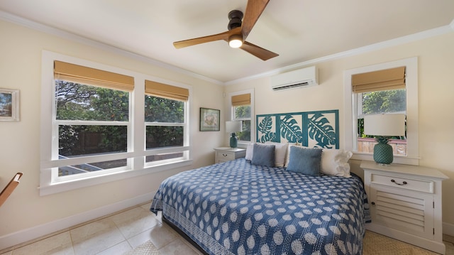 tiled bedroom with crown molding, an AC wall unit, baseboards, and ceiling fan