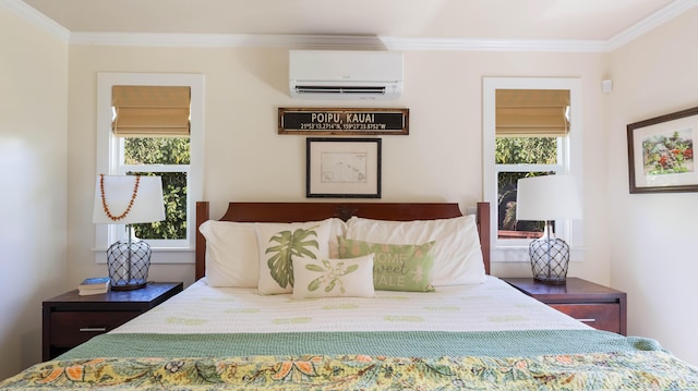 bedroom with an AC wall unit, crown molding, and multiple windows
