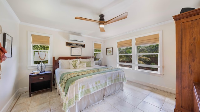 bedroom with multiple windows, ornamental molding, and an AC wall unit