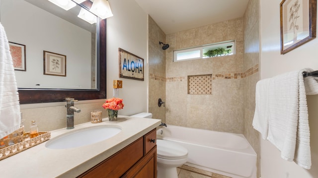 full bath with shower / tub combination, toilet, and vanity